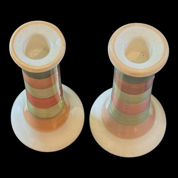 Pair of Vintage Horizontal Lines Striped Terracotta Taper/Pillar Candle Holders - Picture 6 of 8